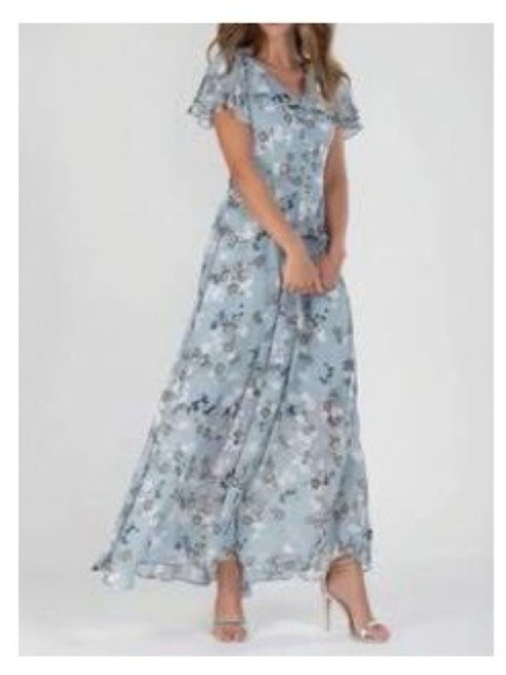 New Light Blue Floral Maxi Dress with Ruffle Details